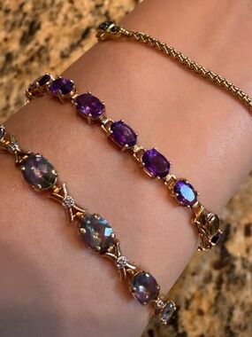 10K Solid Gold Amethyst Tennis Bracelet 7” Oval Cut Purple Gemstone Fine Jewelry